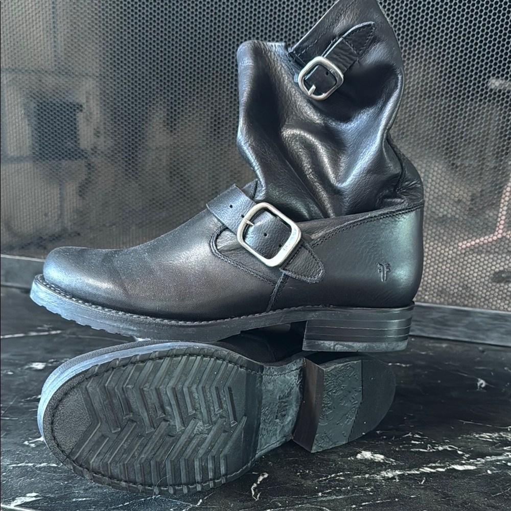 FRYE AND CO. Black Veronica Moto Boots with Buckle Straps